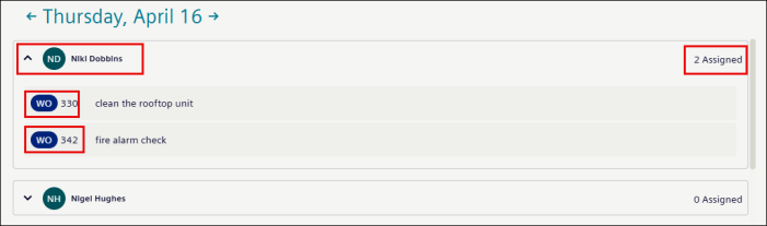 Screenshot of a task management interface showing work orders assigned to Niki Dobbins on Thursday, April 16. It highlights two assigned tasks with work order numbers 330 and 342, labeled "clean rooftop unit" and "fire alarm check," while Nigel Hughes has no assigned tasks.